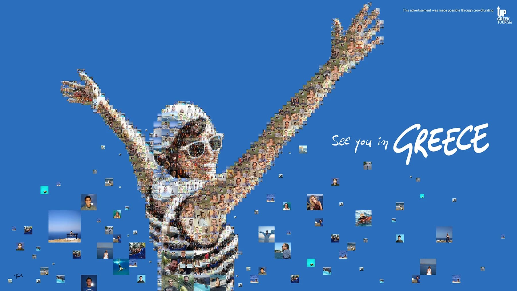 A happy girl jumping, made from hundreds of small photographs